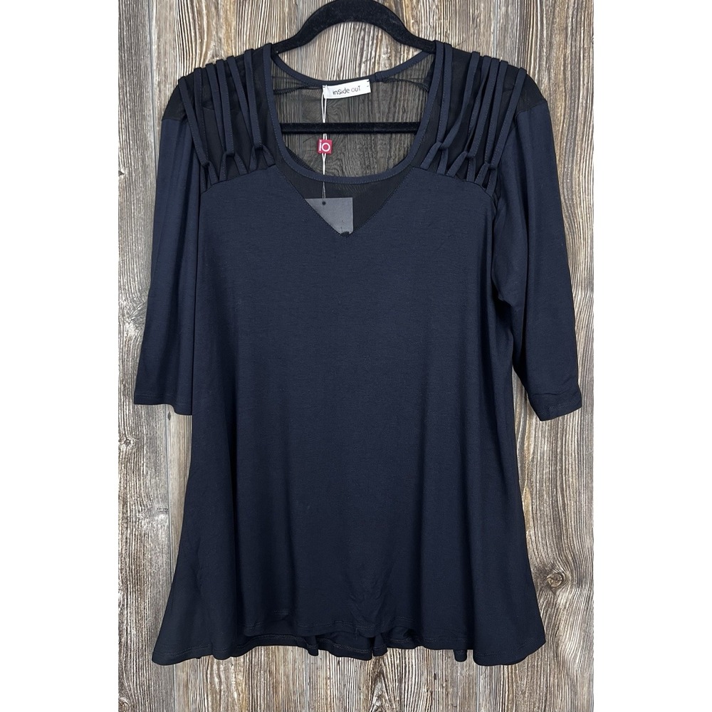 NWT Inside Out Angelina Tunic Top Blouse LARGE‎ Stretchy Black V Neck Mesh Back